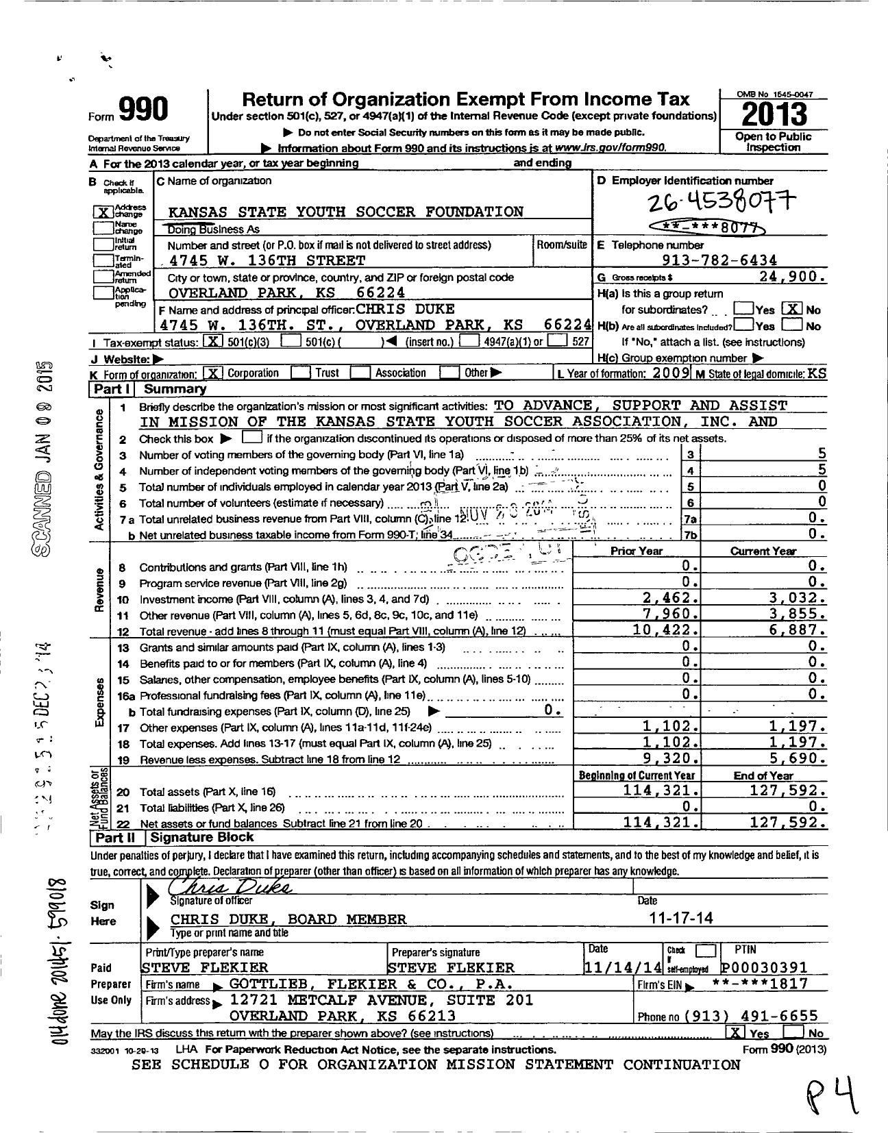 Image of first page of 2013 Form 990 for Kansas State Youth Soccer Foundation