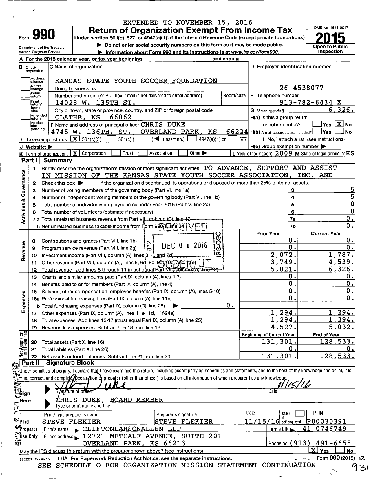 Image of first page of 2015 Form 990 for Kansas State Youth Soccer Foundation