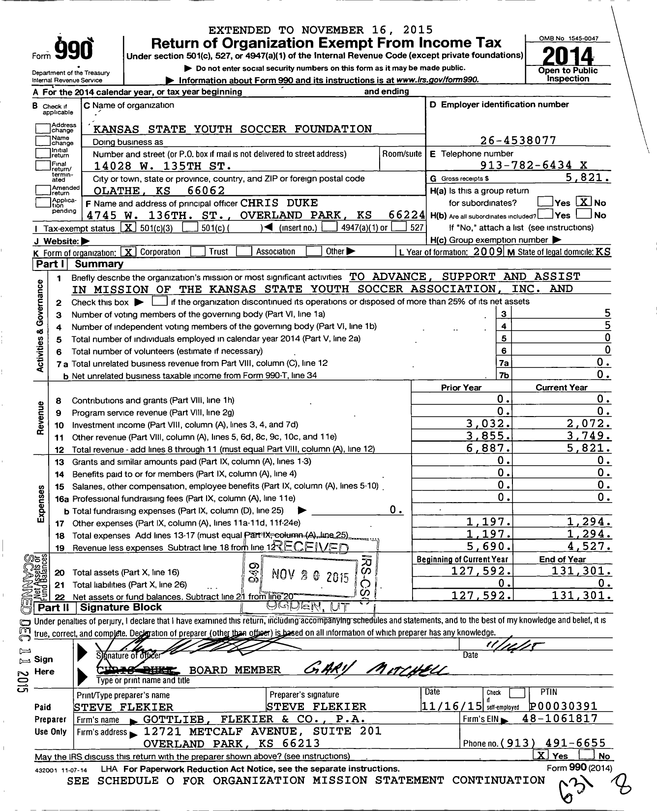 Image of first page of 2014 Form 990 for Kansas State Youth Soccer Foundation