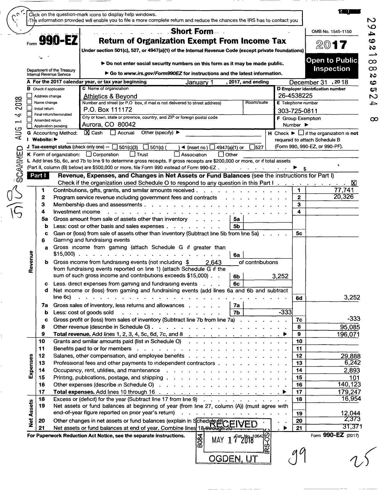 Image of first page of 2018 Form 990EO for Athletics & Beyond