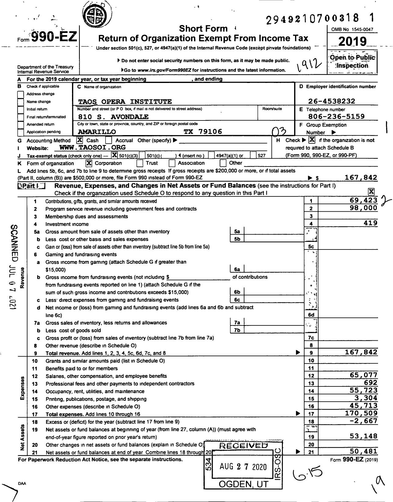 Image of first page of 2019 Form 990EZ for Taos Opera Institute LLC