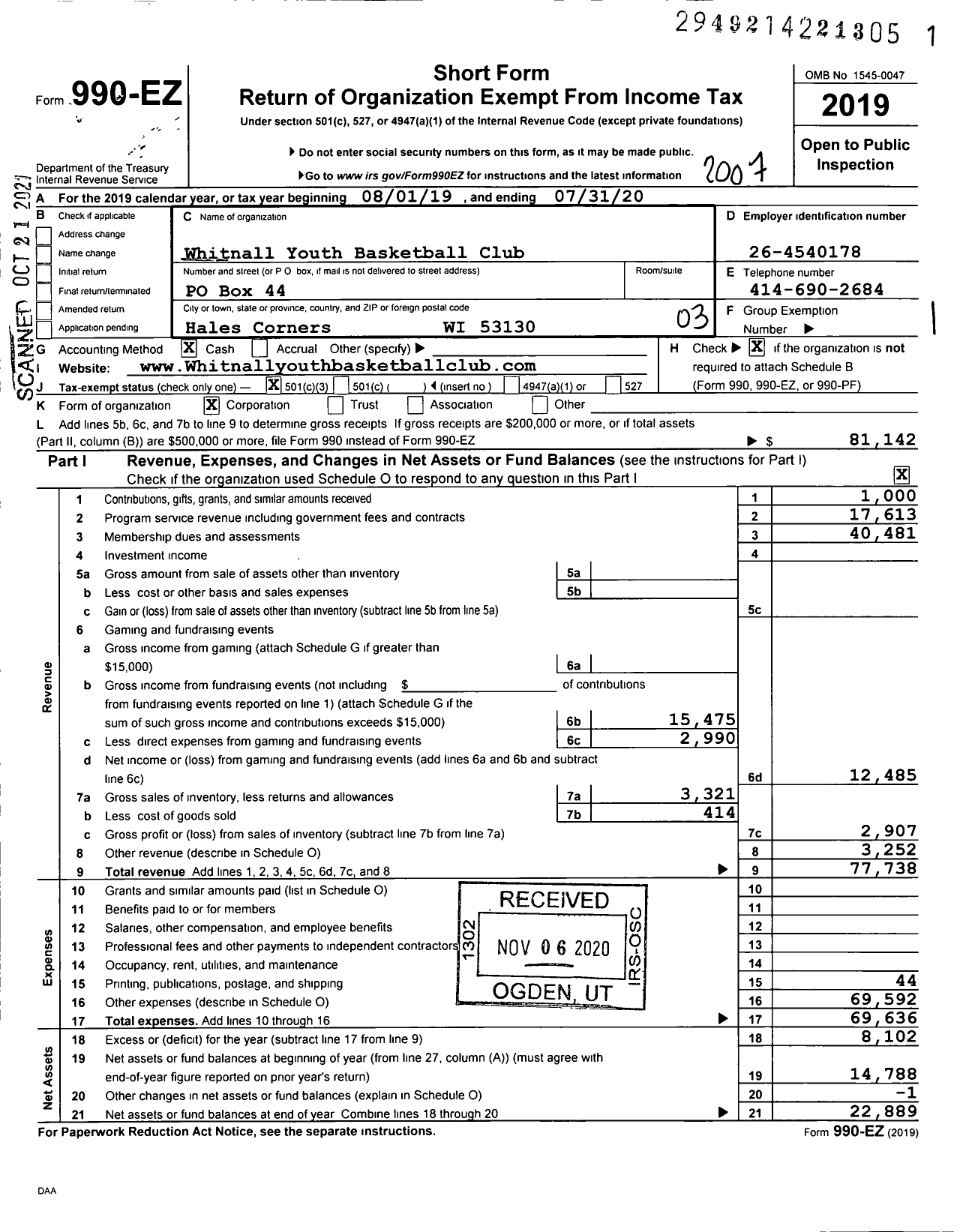 Image of first page of 2019 Form 990EZ for Whitnall Youth Basketball Club