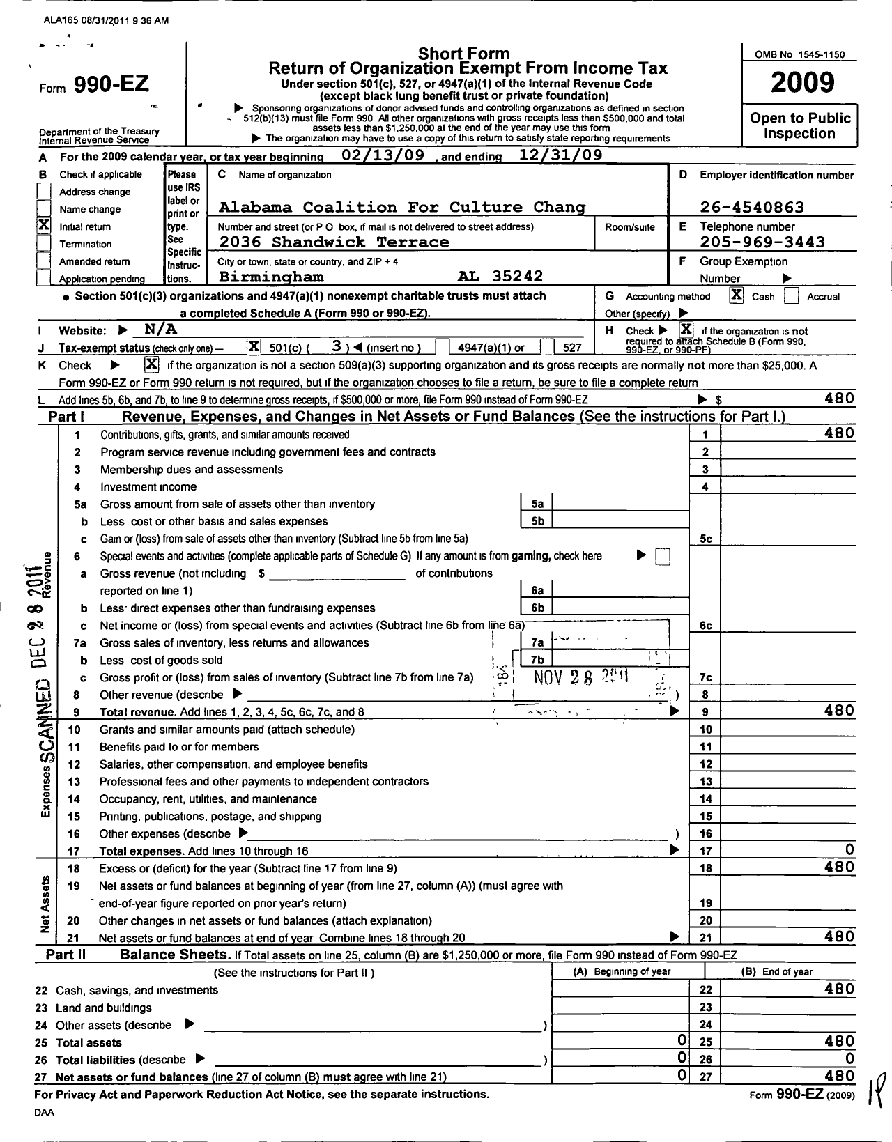 Image of first page of 2009 Form 990EZ for Alabama Coalition for Culture Chang