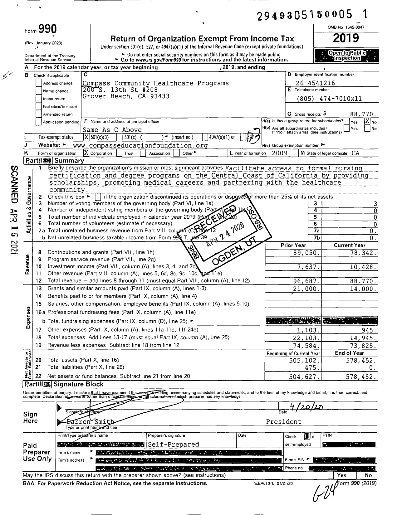 Image of first page of 2019 Form 990 for Compass Community Healthcare Programs