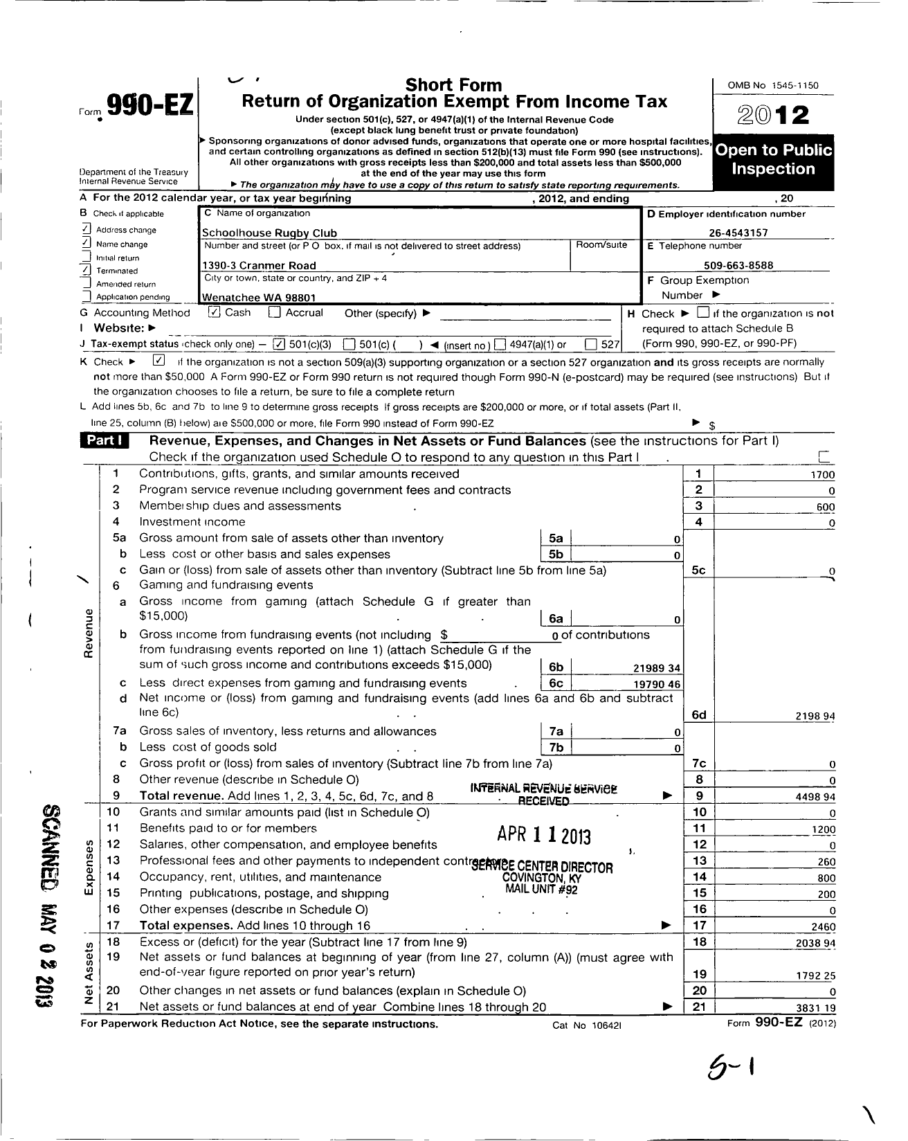 Image of first page of 2012 Form 990EZ for Schoolhouse Rugby