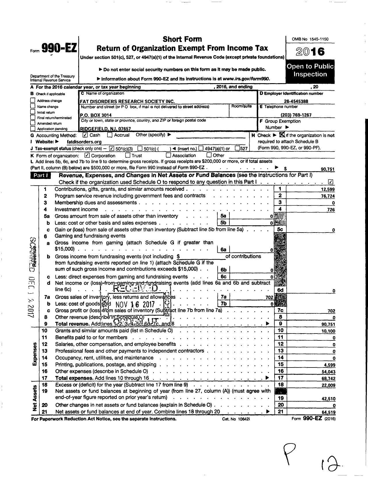 Image of first page of 2016 Form 990EZ for Fat Disorders Research Society Fat Disorders Resource Society