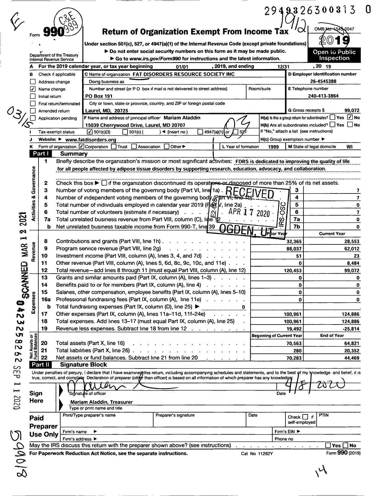 Image of first page of 2019 Form 990 for Fat Disorders Research Society Fat Disorders Resource Society