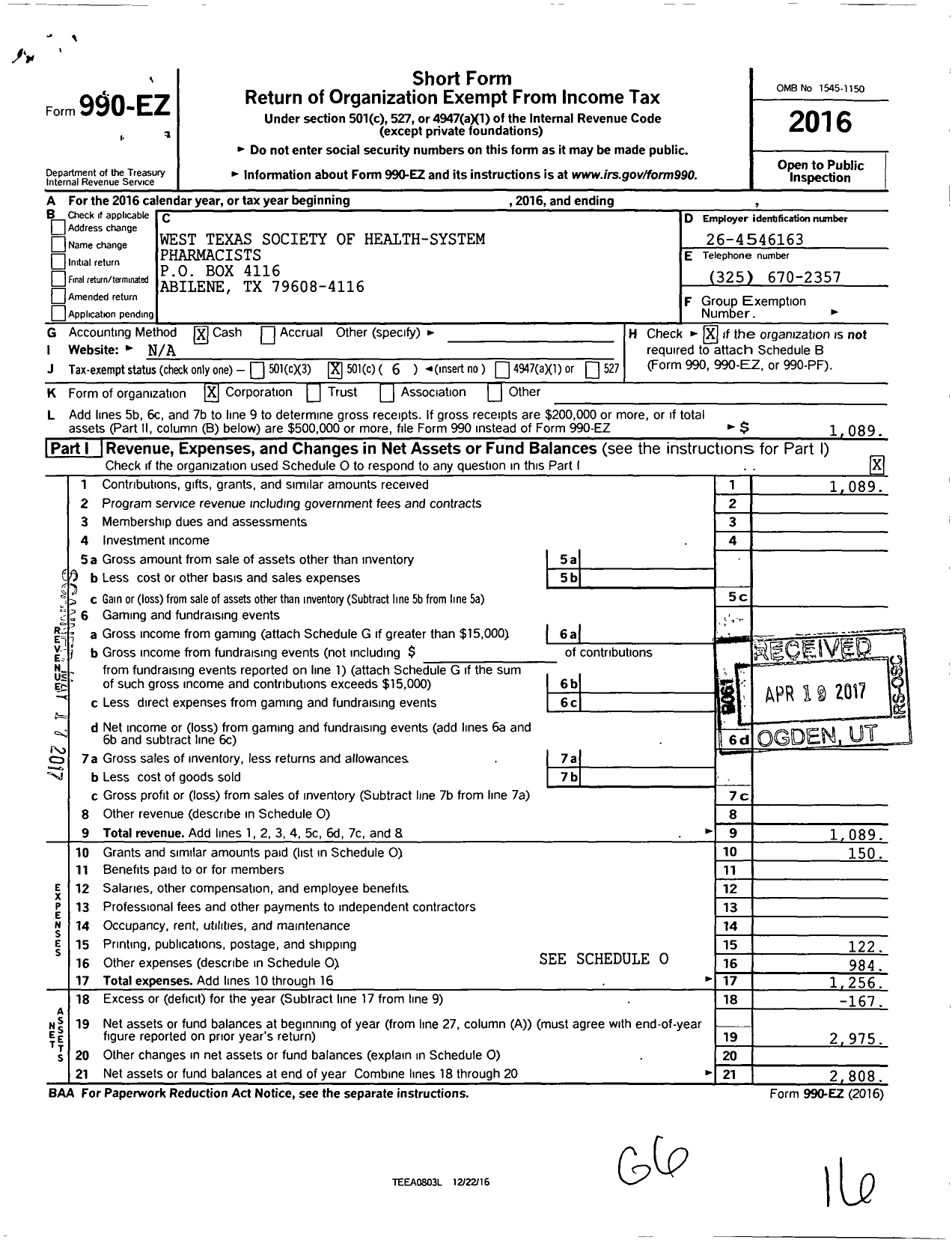 Image of first page of 2016 Form 990EO for West Texas Society of Health-System Pharmacists