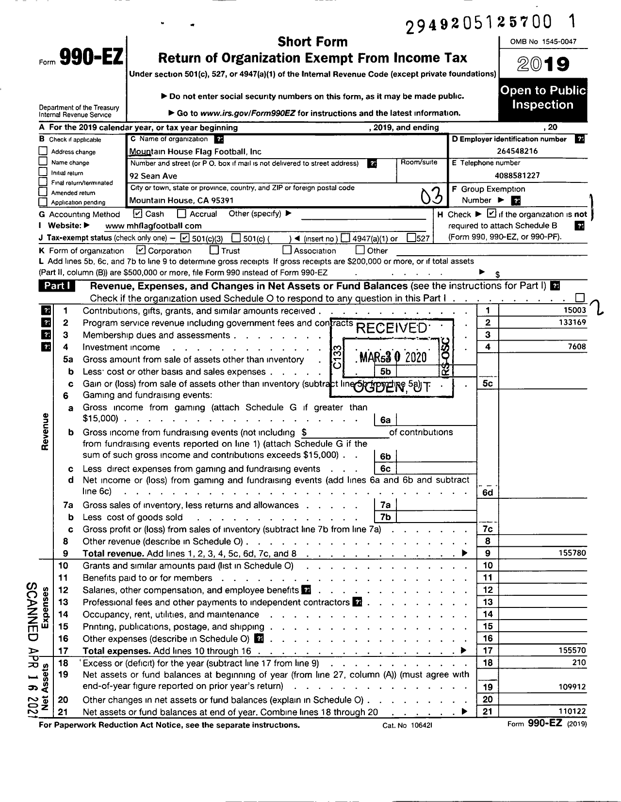 Image of first page of 2019 Form 990EZ for Mountain House Flag Football