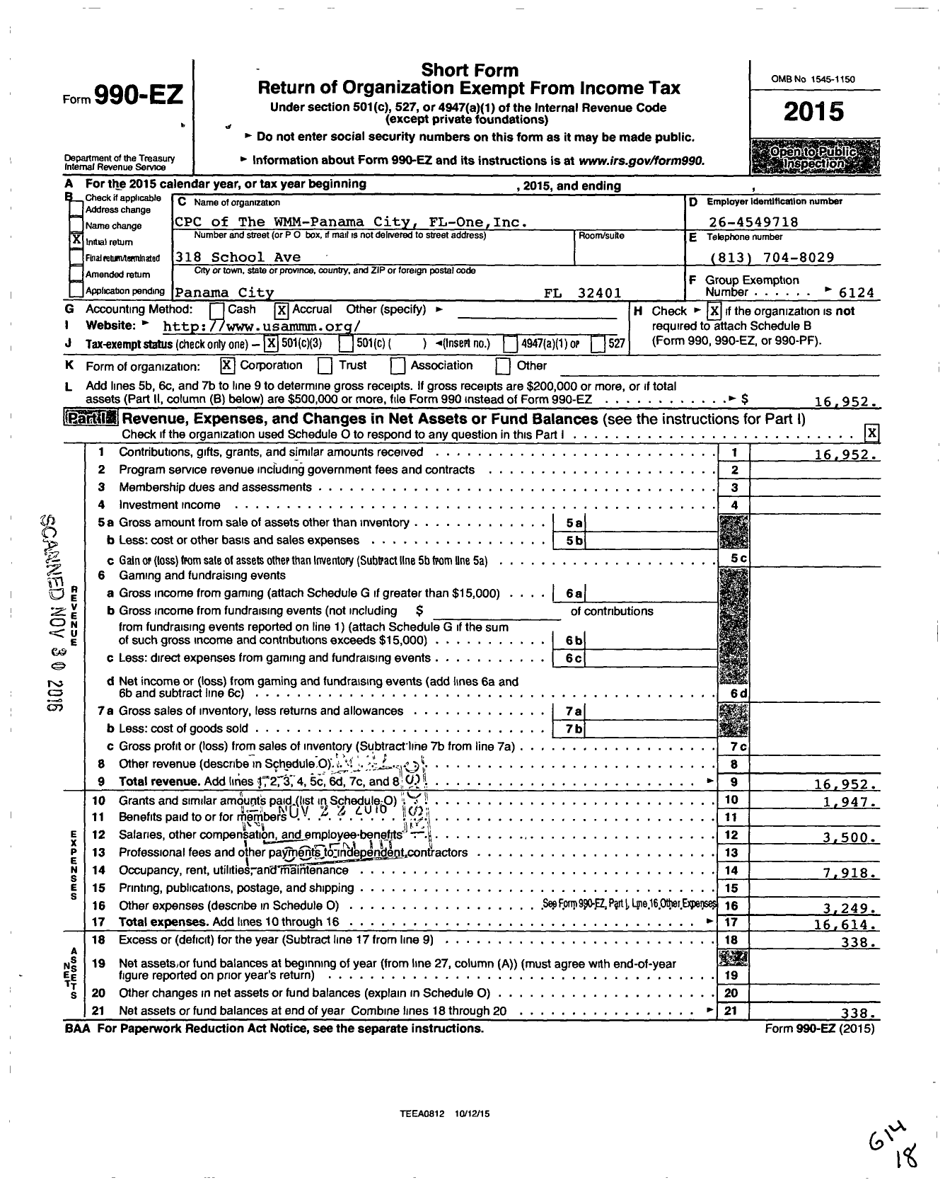 Image of first page of 2015 Form 990EZ for CPC of the Wmm-Panama City Fl-One