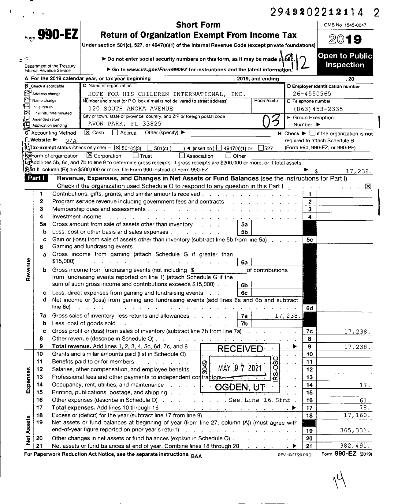 Image of first page of 2019 Form 990EZ for Hope for His Children International