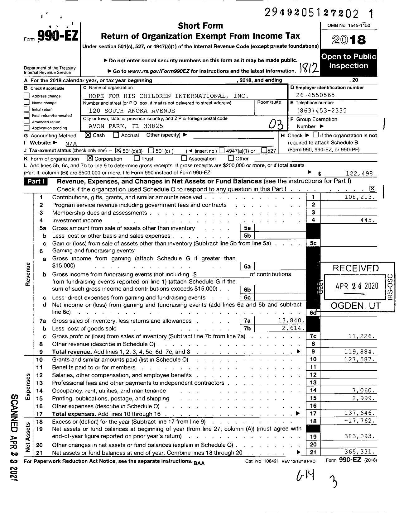 Image of first page of 2018 Form 990EZ for Hope for His Children International