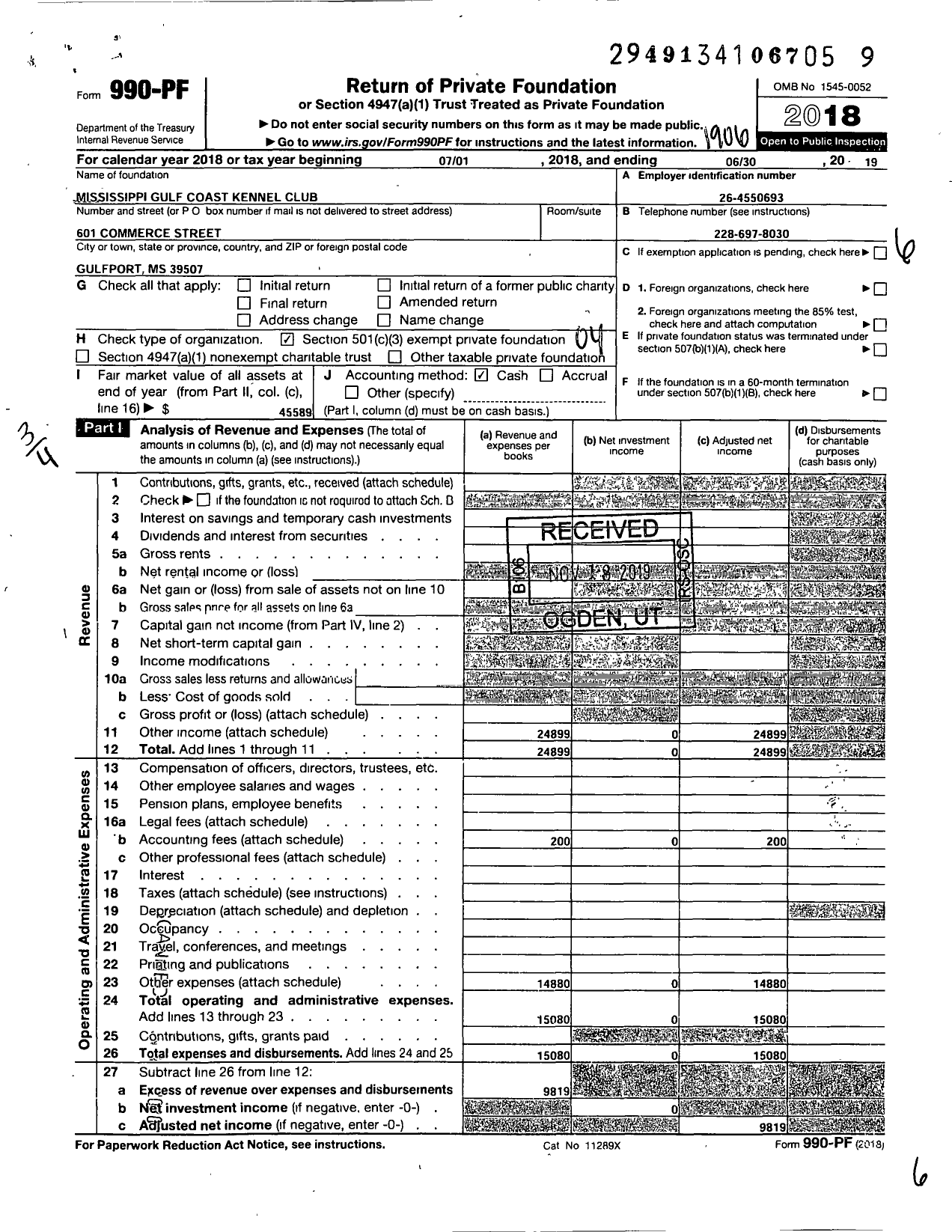 Image of first page of 2018 Form 990PF for Mississippi Gulf Coast Kennel Club