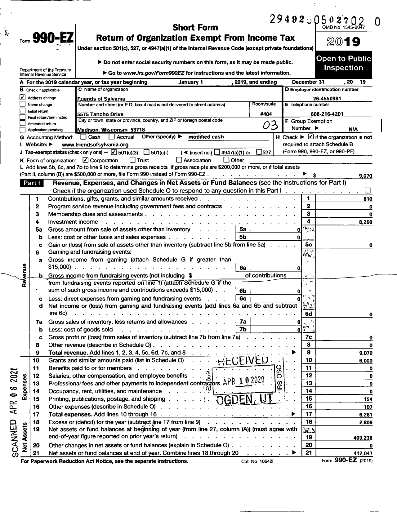 Image of first page of 2019 Form 990EZ for Friends of Sylvania