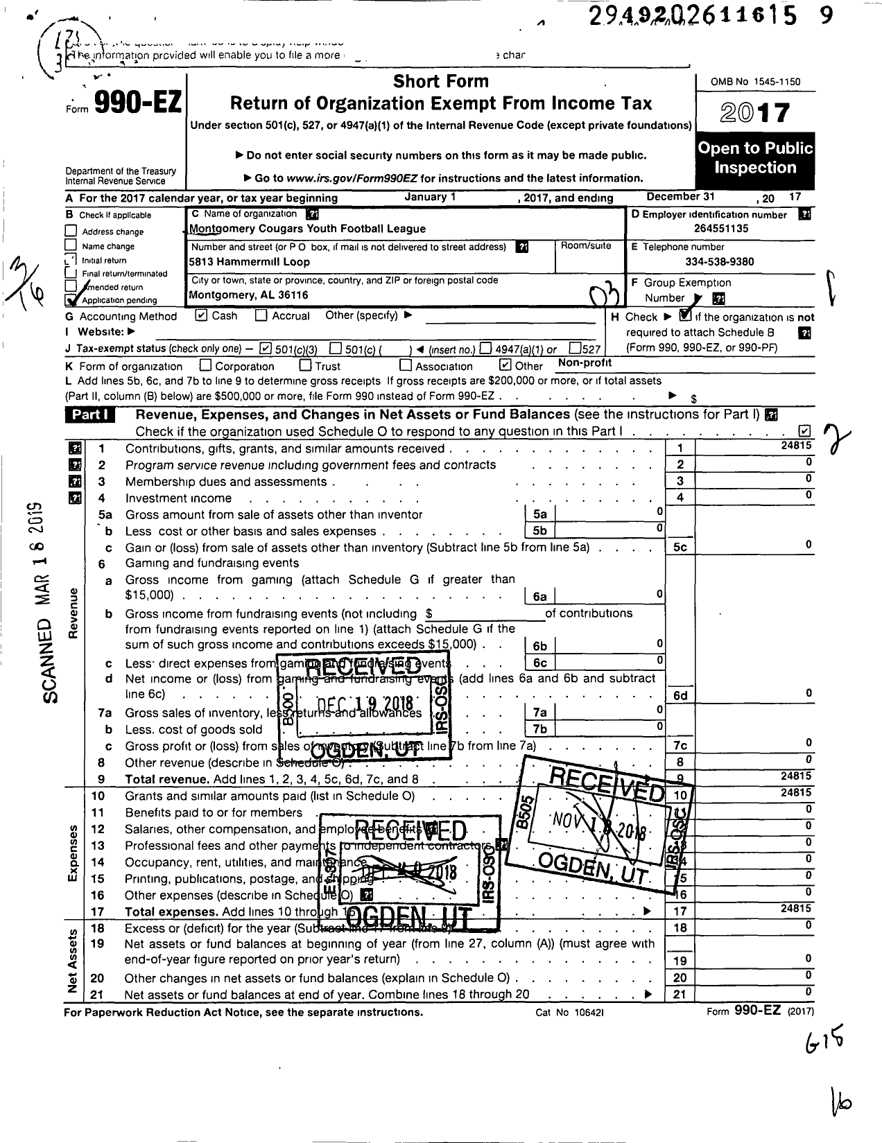 Image of first page of 2017 Form 990EZ for Montgomery Cougars Youth Football League