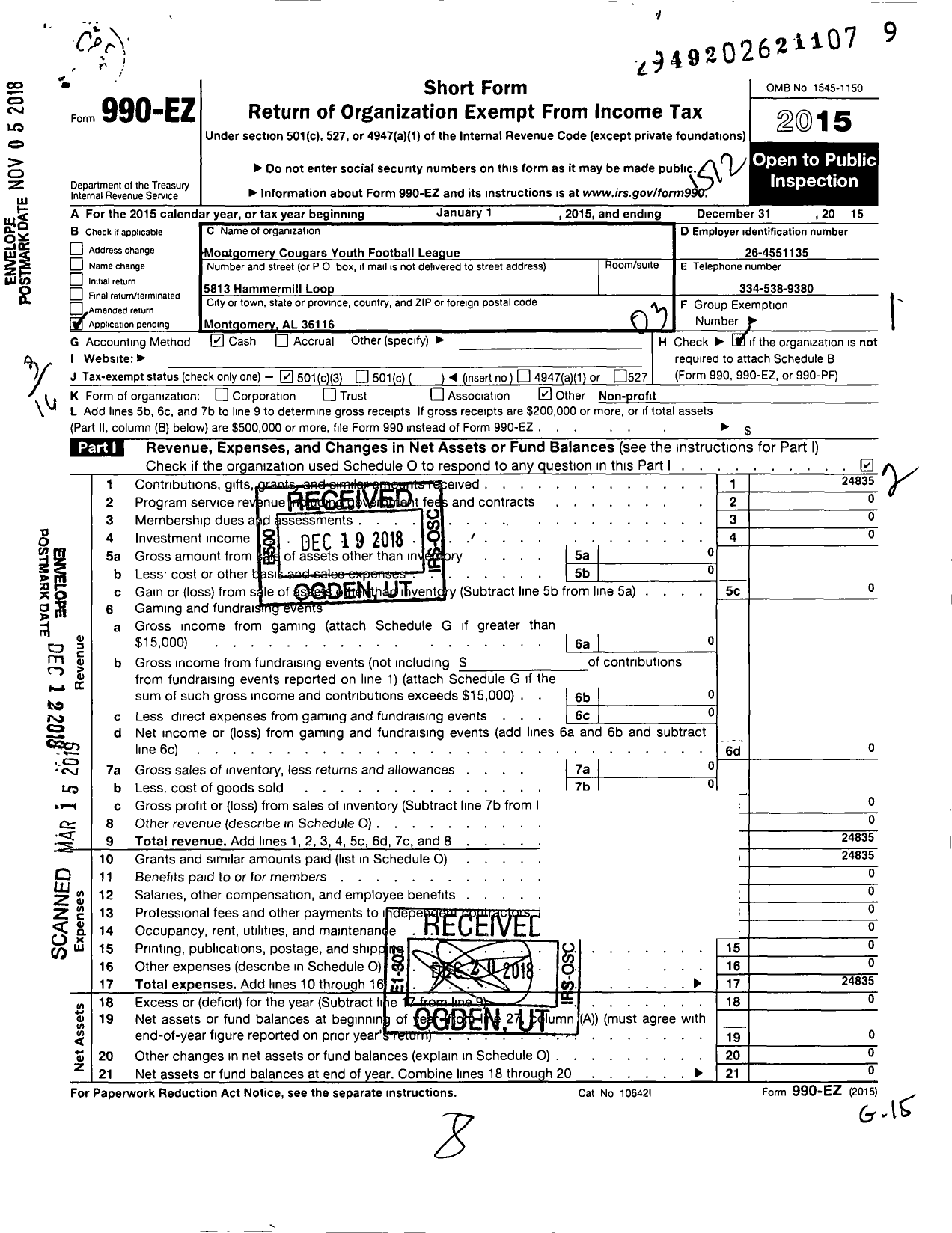 Image of first page of 2015 Form 990EZ for Montgomery Cougars Youth Football League