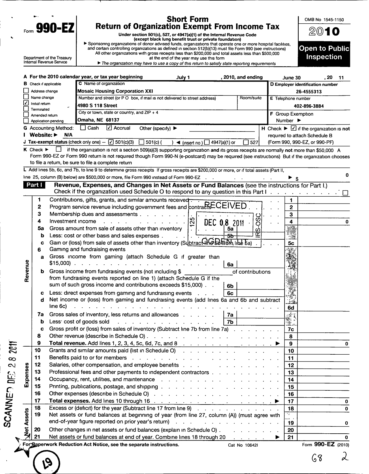 Image of first page of 2010 Form 990EZ for Mosaic Housing Corp Xxi - Memphis