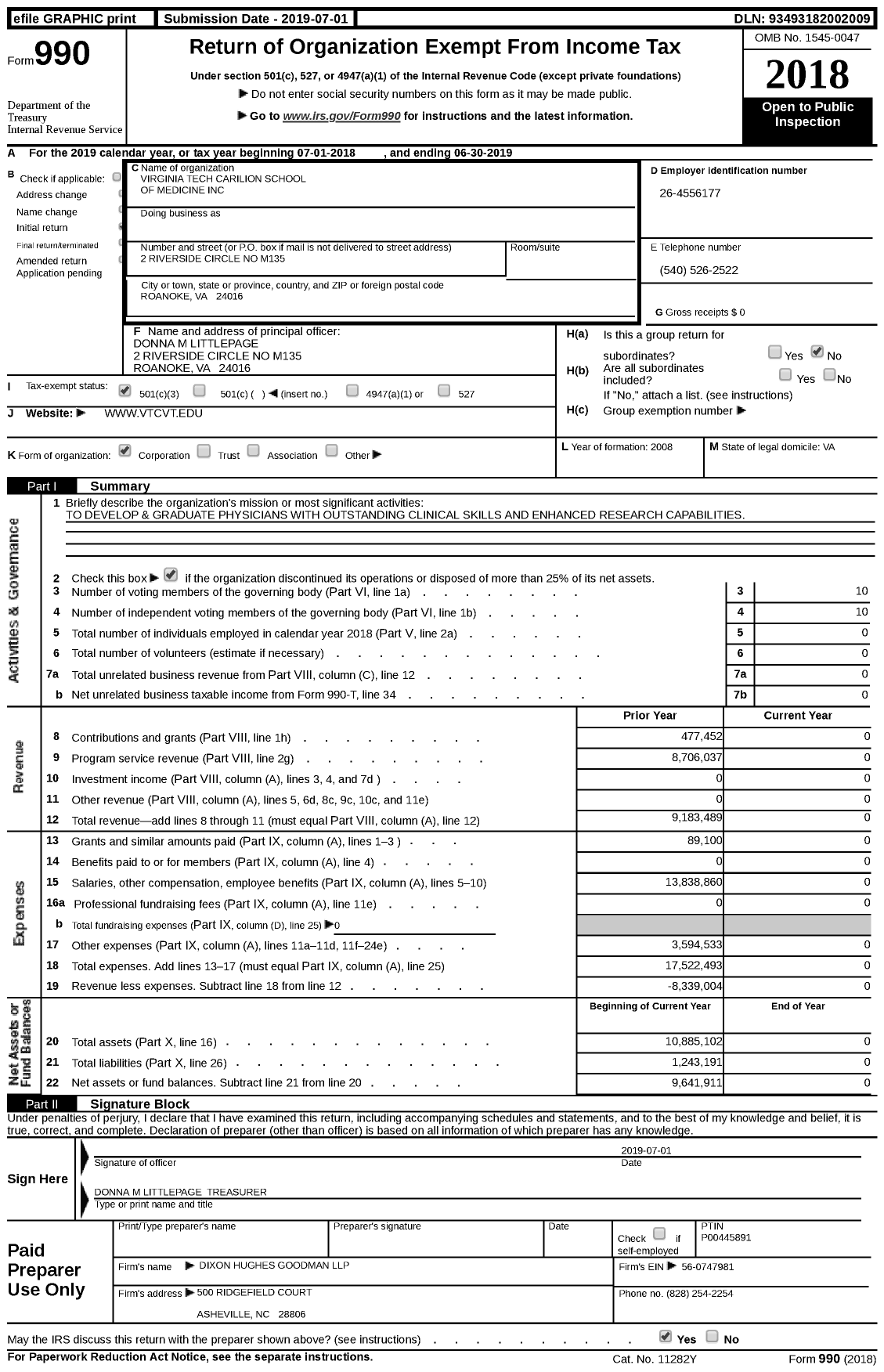 Image of first page of 2018 Form 990 for Virginia Tech Carilion School of Medicine