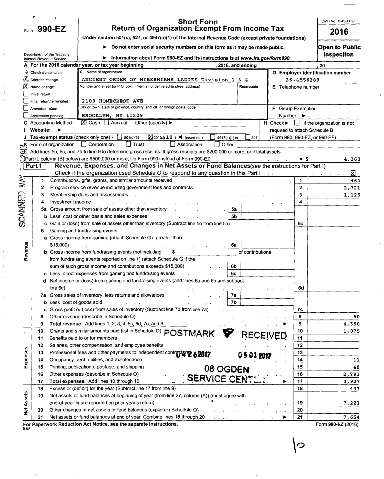 Image of first page of 2016 Form 990EO for ANCIENT ORDER OF HIBERNIANS LADIES Division 1 & 4