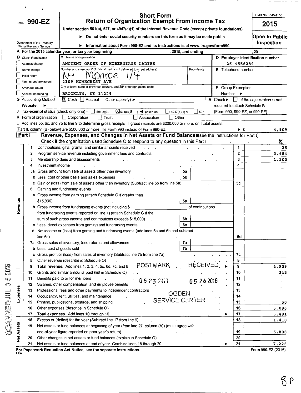 Image of first page of 2015 Form 990EO for ANCIENT ORDER OF HIBERNIANS LADIES Division 1 & 4