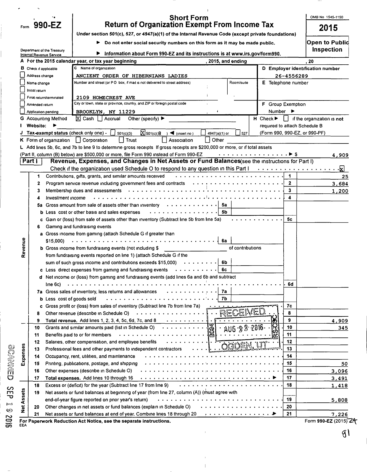 Image of first page of 2015 Form 990EO for ANCIENT ORDER OF HIBERNIANS LADIES Division 1 & 4