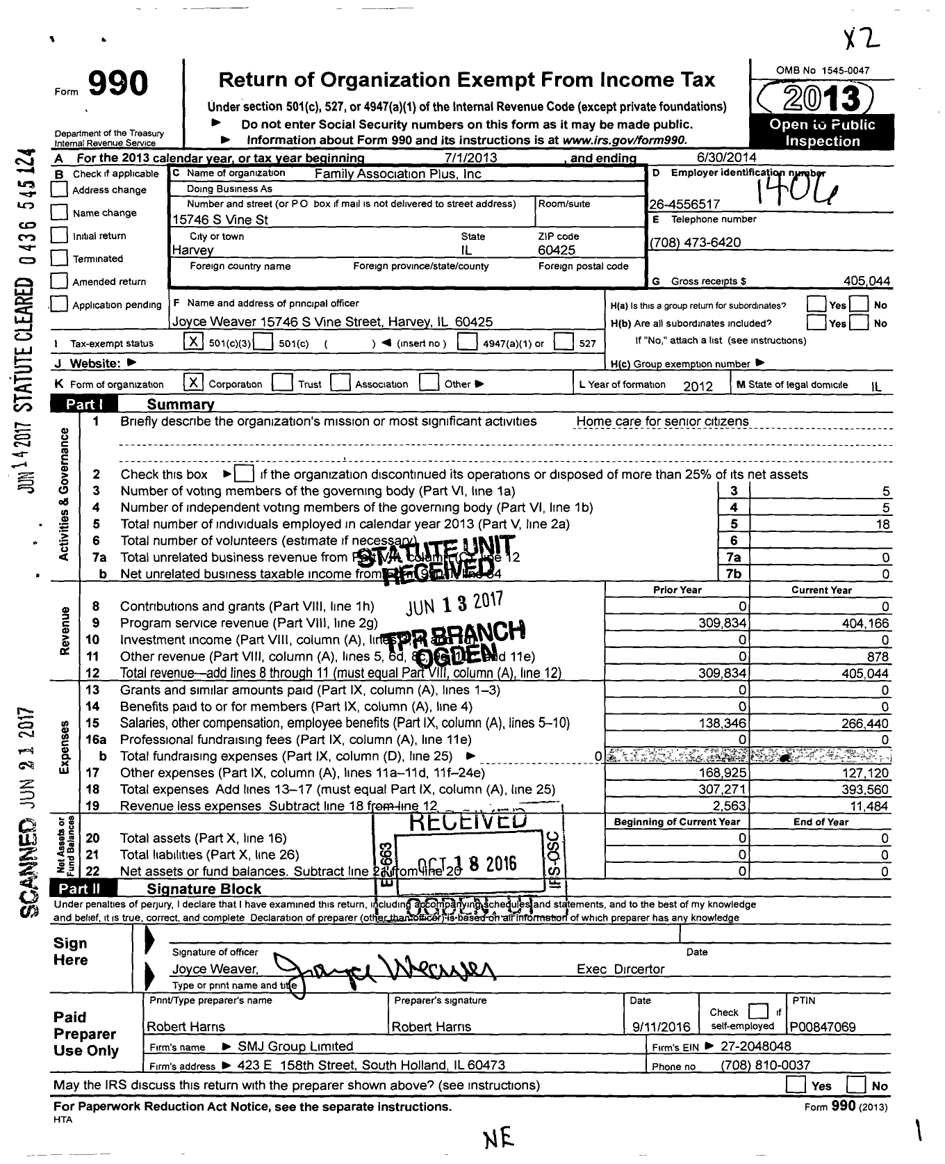 Image of first page of 2013 Form 990 for Family Association Plus