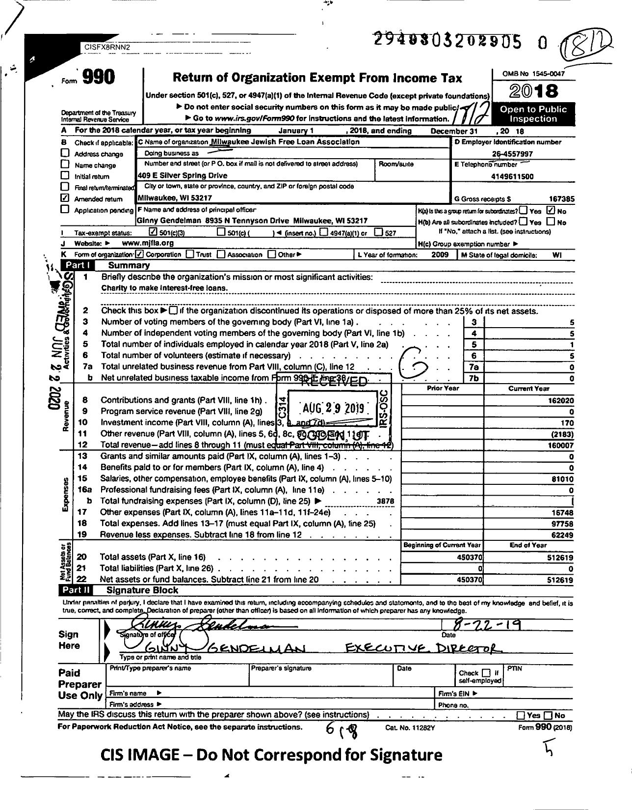 Image of first page of 2018 Form 990 for Milwaukee Jewish Free Loan Association