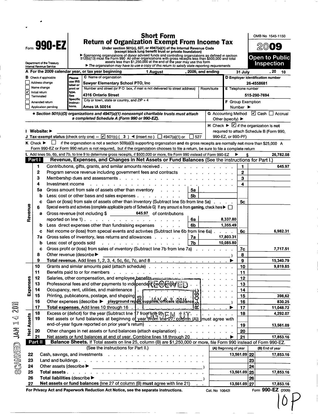 Image of first page of 2009 Form 990EZ for Sawyer Elementary School Pto