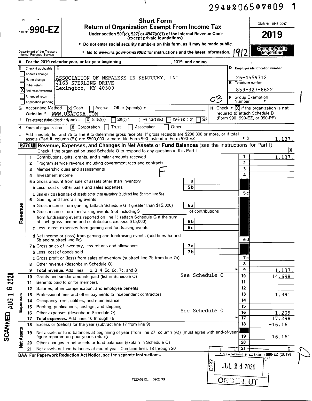 Image of first page of 2019 Form 990EZ for Forum of Nepalese in America