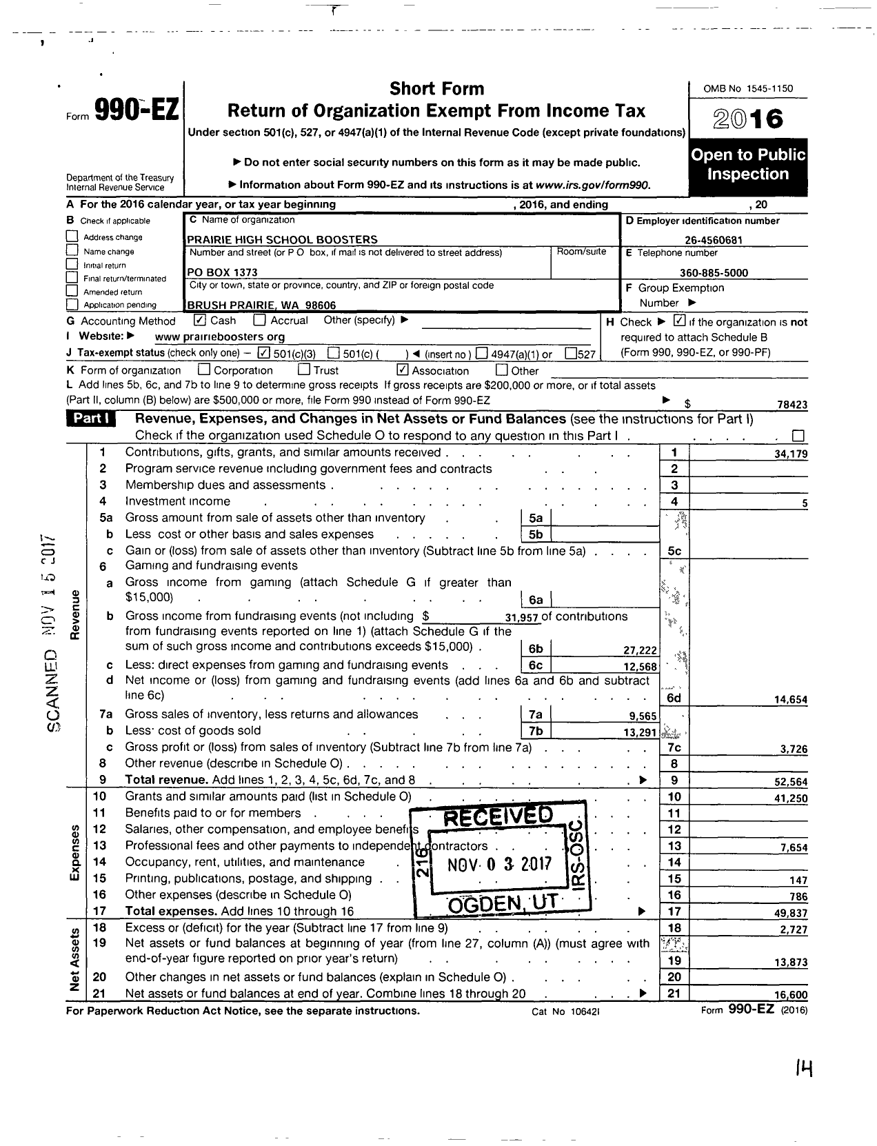 Image of first page of 2016 Form 990EZ for Prairie High School Boosters