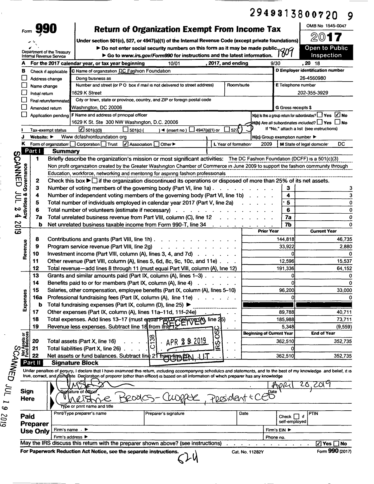 Image of first page of 2017 Form 990 for Washington DC Fashion Foundation