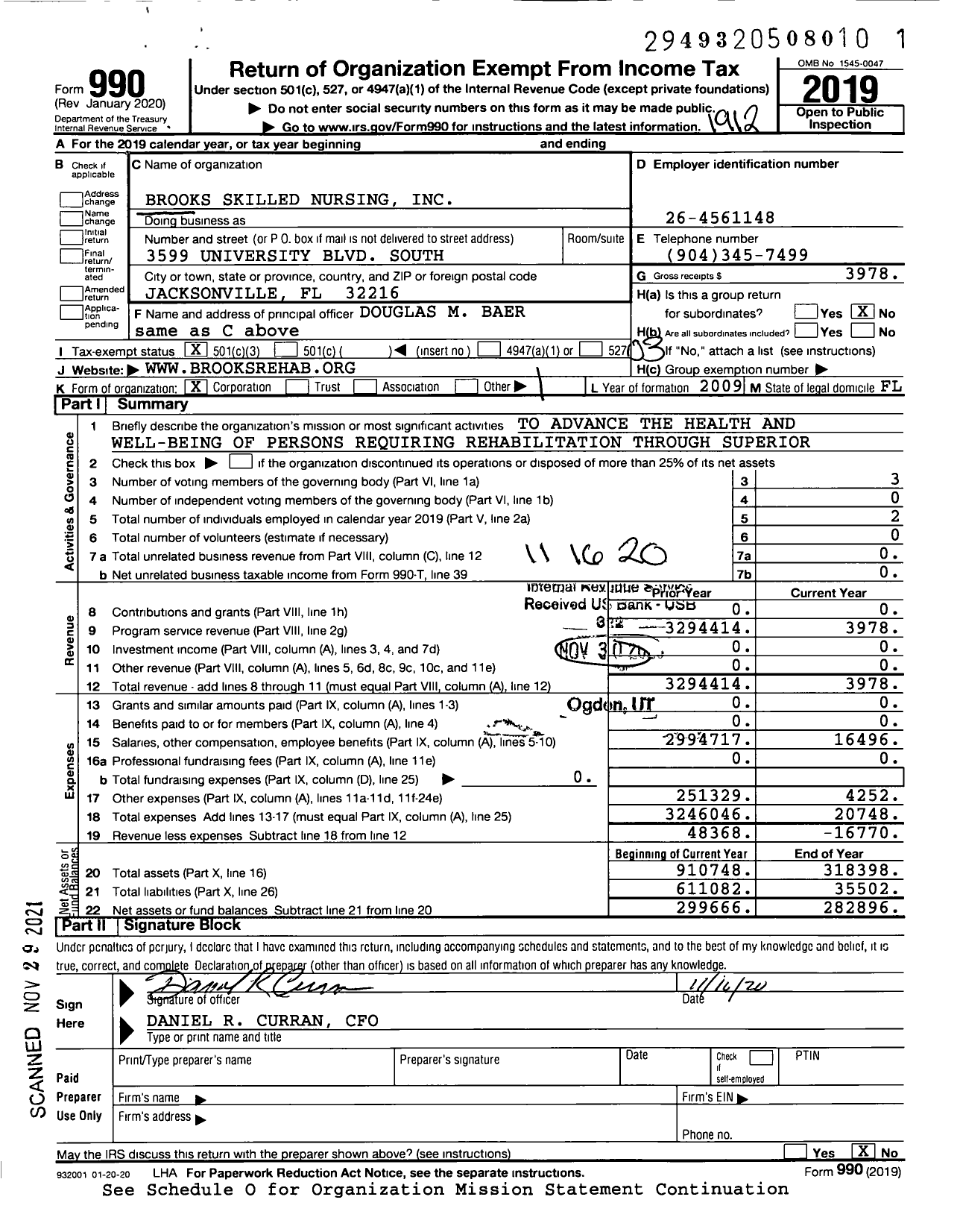 Image of first page of 2019 Form 990 for Brooks Skilled Nursing