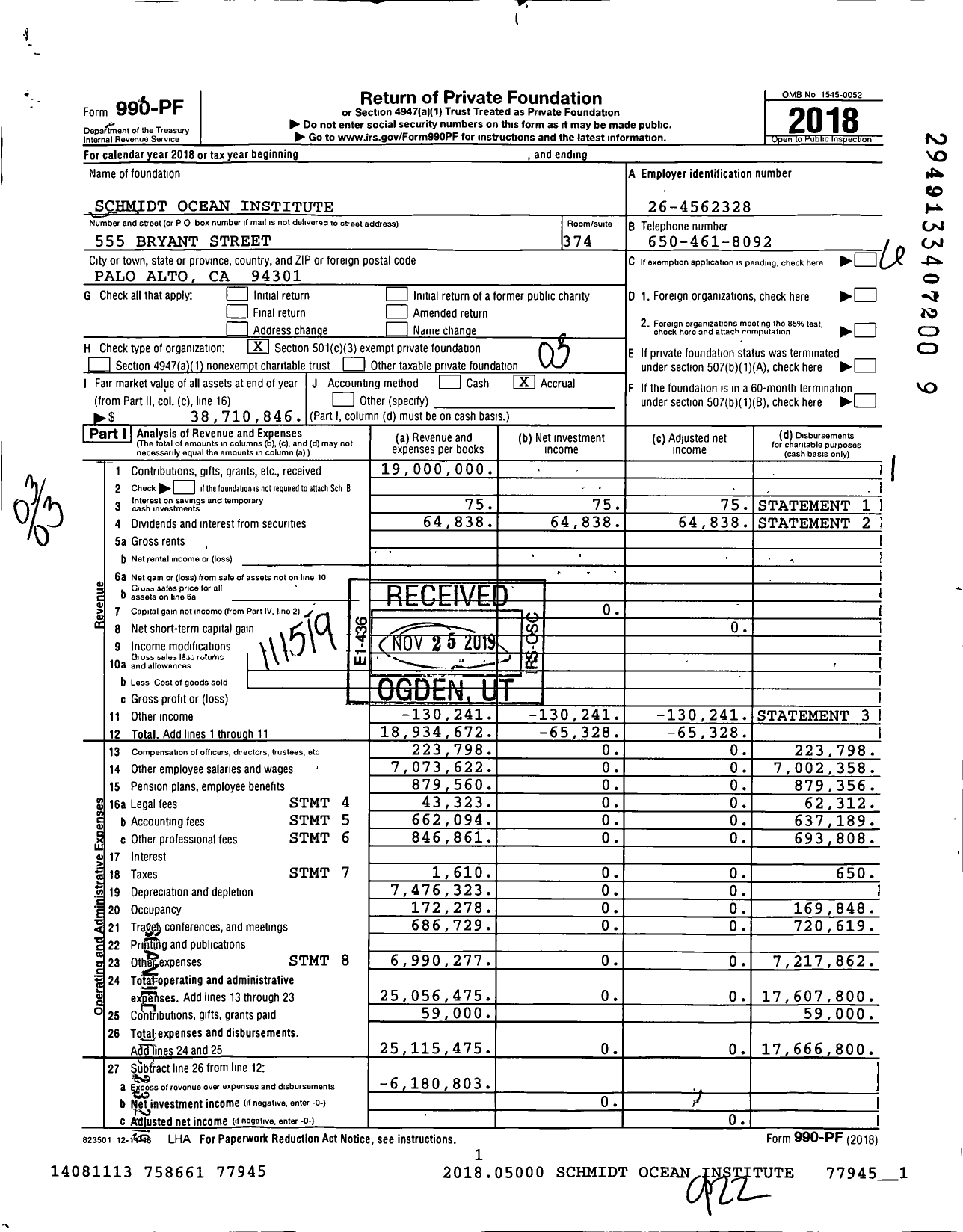 Image of first page of 2018 Form 990PF for Schmidt Ocean Institute
