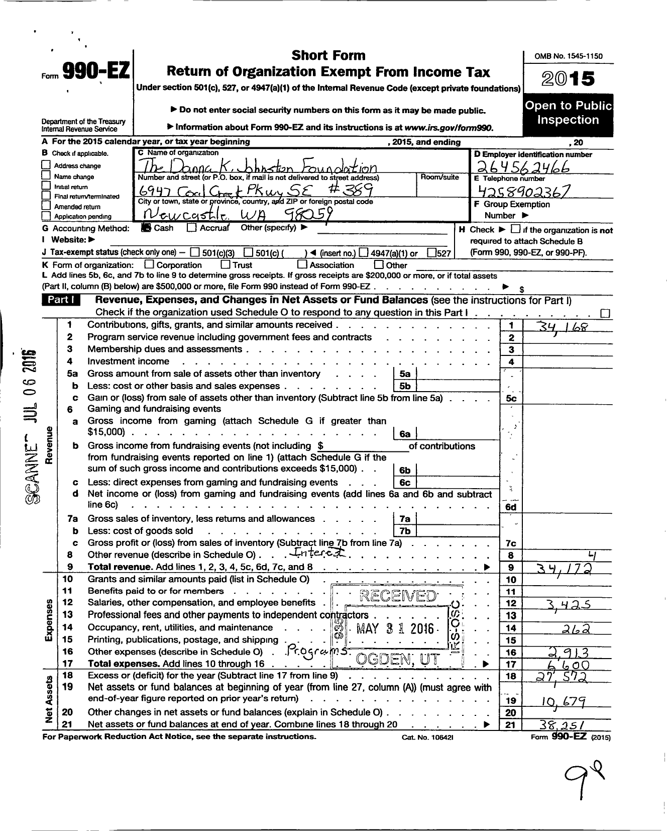 Image of first page of 2015 Form 990EO for Danna K Johnston Foundation