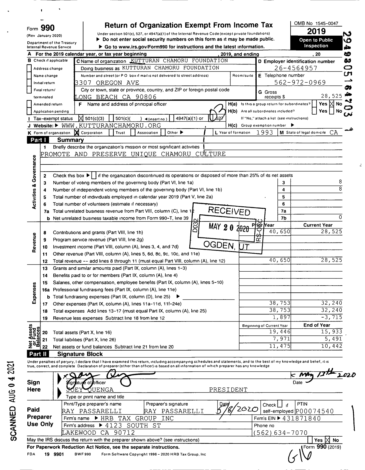 Image of first page of 2019 Form 990 for Kutturan Chamoru Foundation