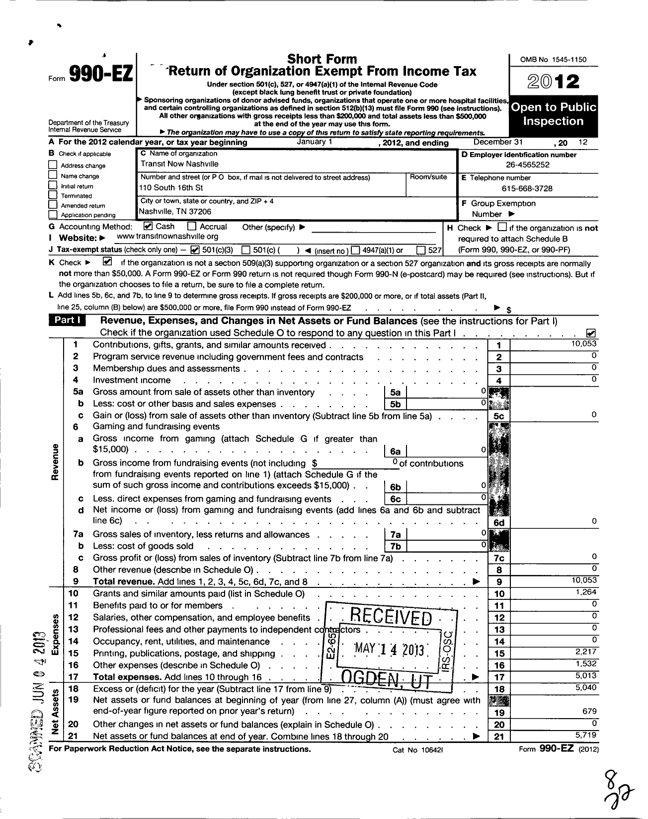 Image of first page of 2012 Form 990EZ for Transit Now Nashville