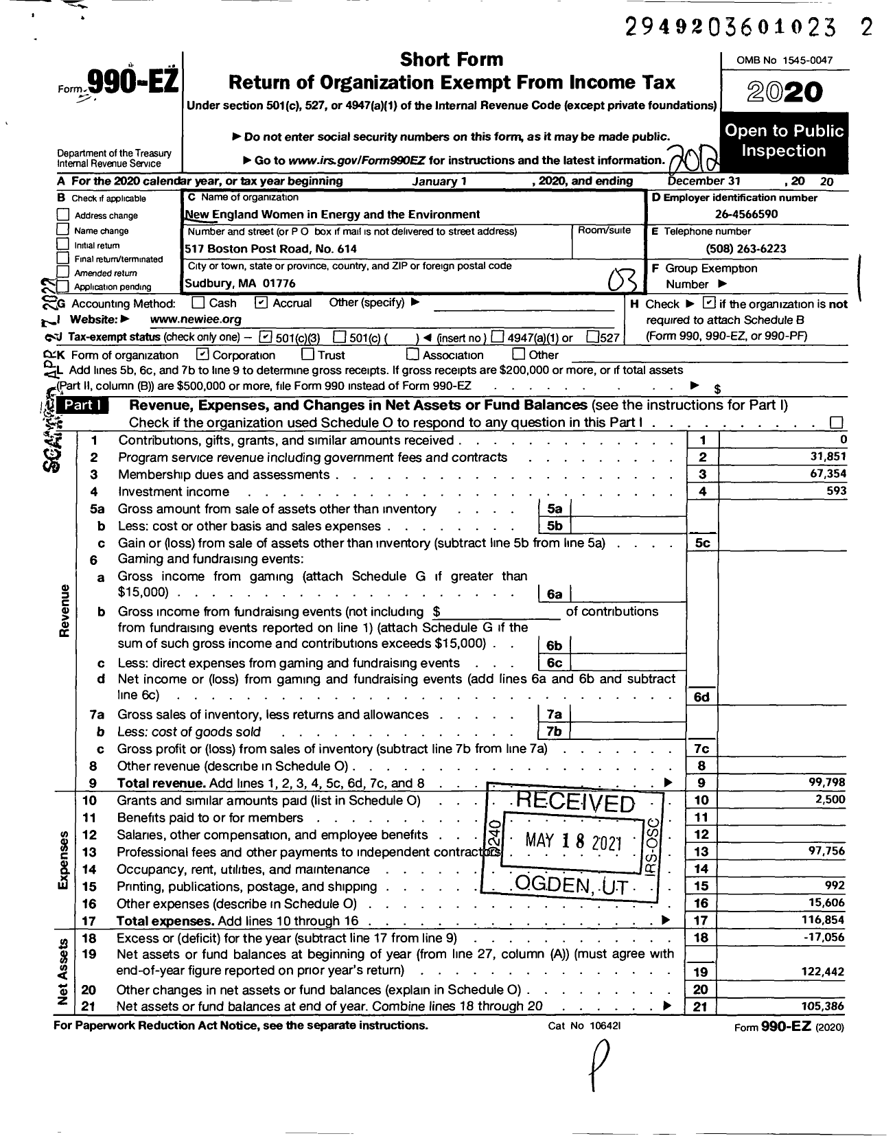 Image of first page of 2020 Form 990EZ for New England Women in Energy and the Environment