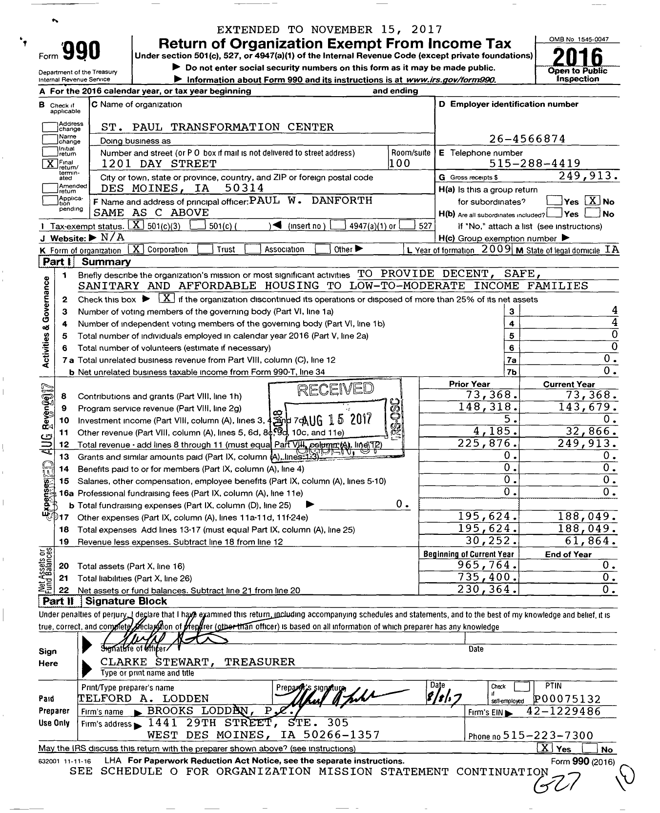 Image of first page of 2016 Form 990 for St Paul Transformation Center