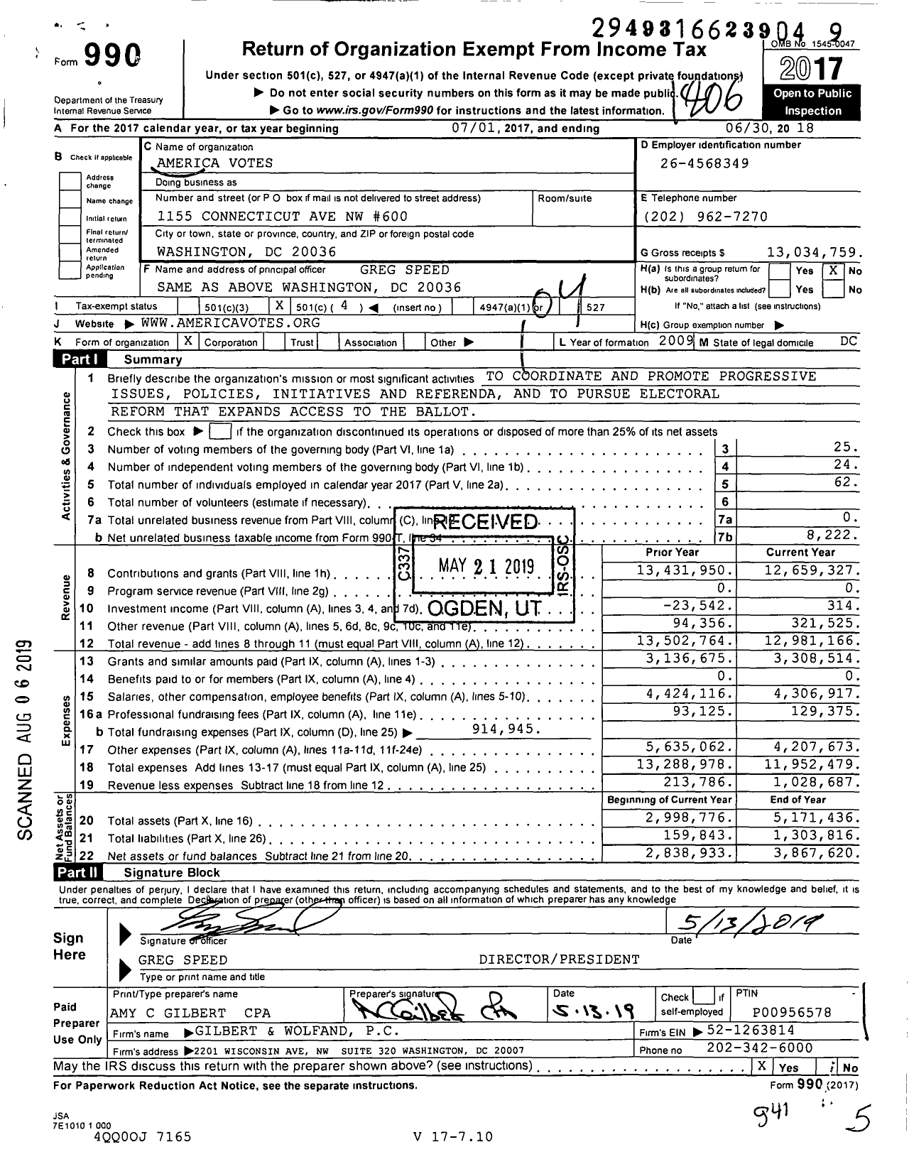 Image of first page of 2017 Form 990O for America Votes