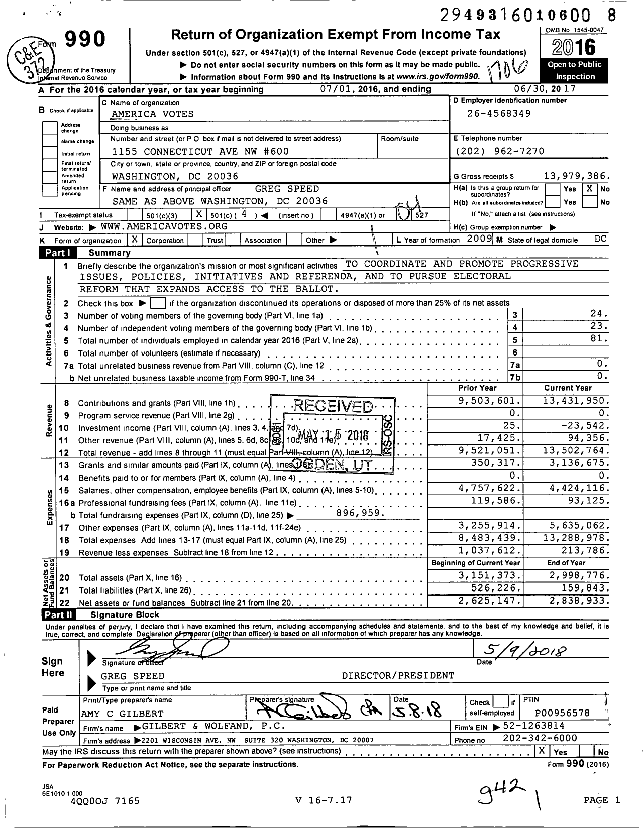 Image of first page of 2016 Form 990O for America Votes