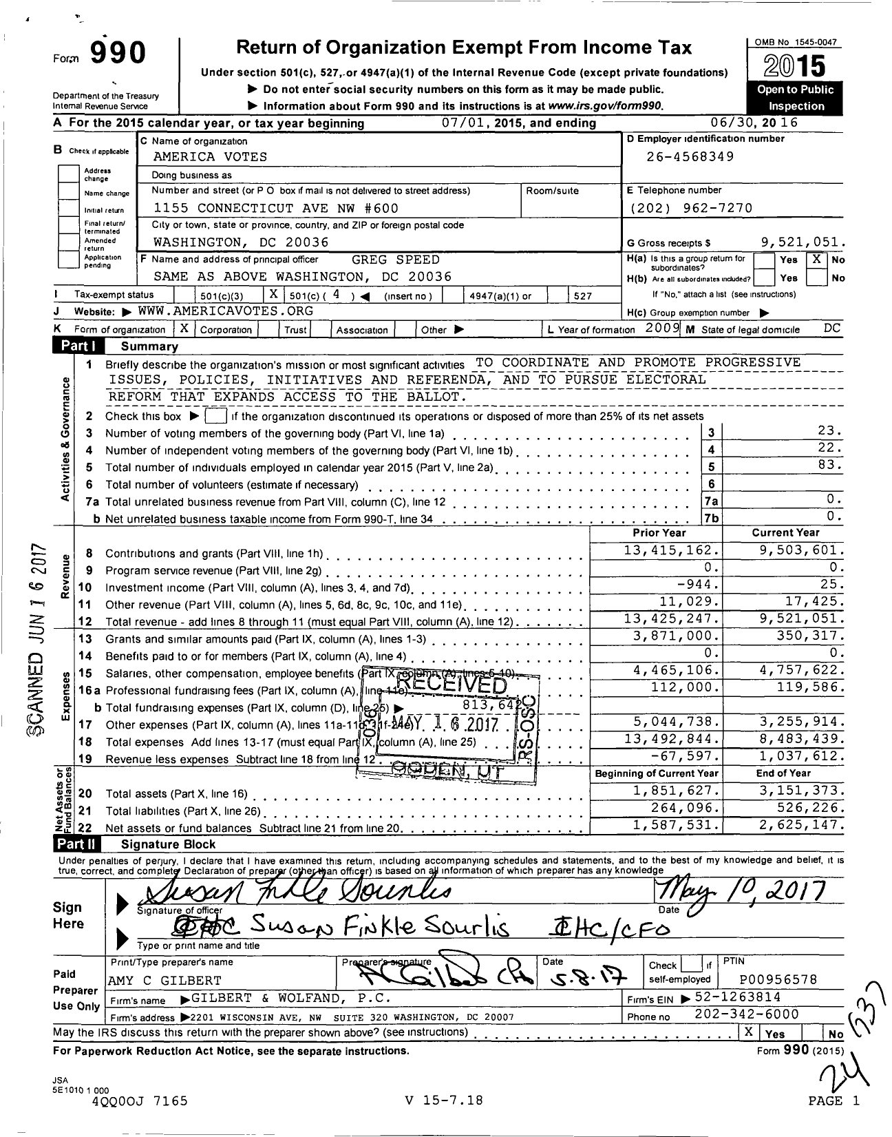 Image of first page of 2015 Form 990O for America Votes
