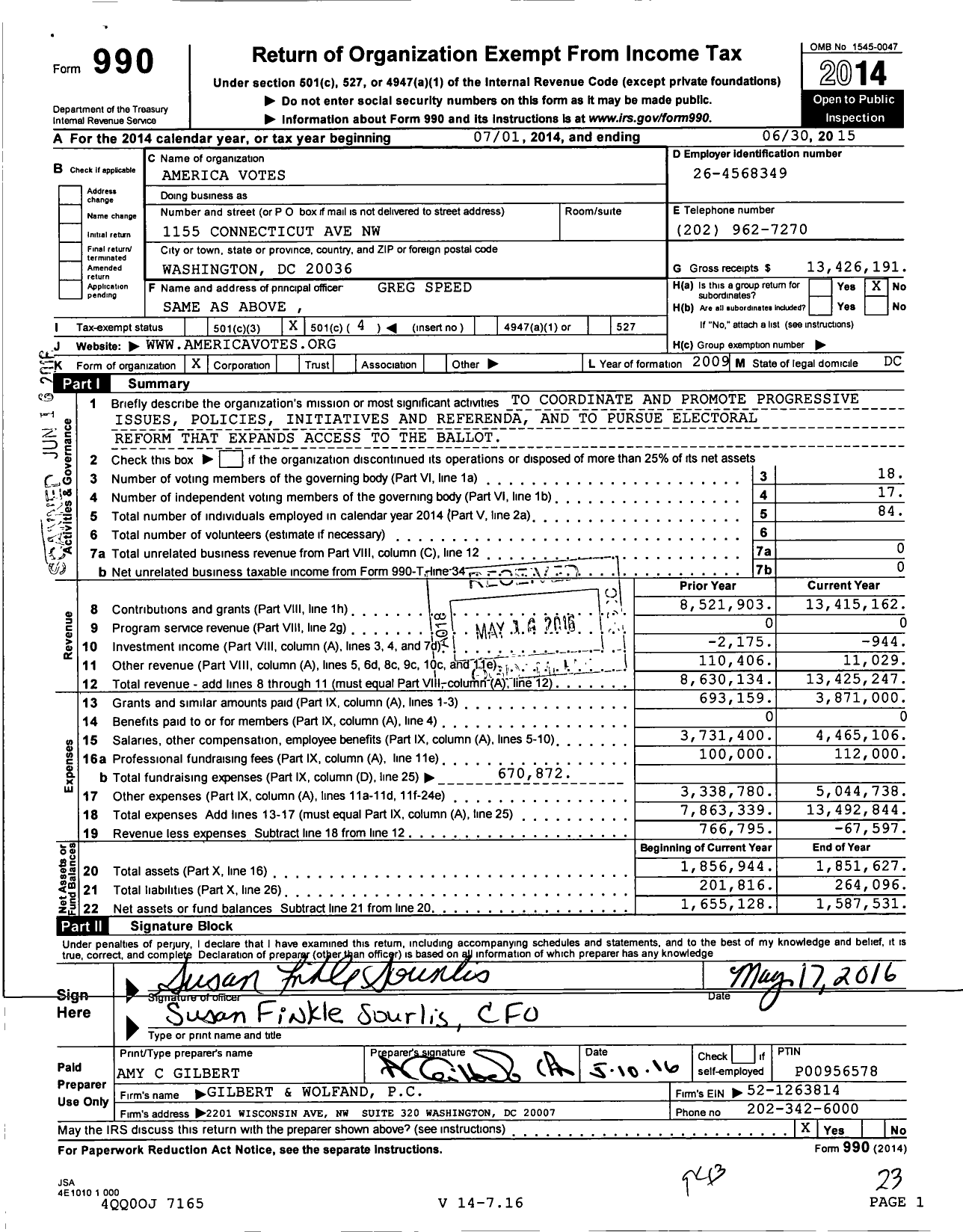 Image of first page of 2014 Form 990O for America Votes