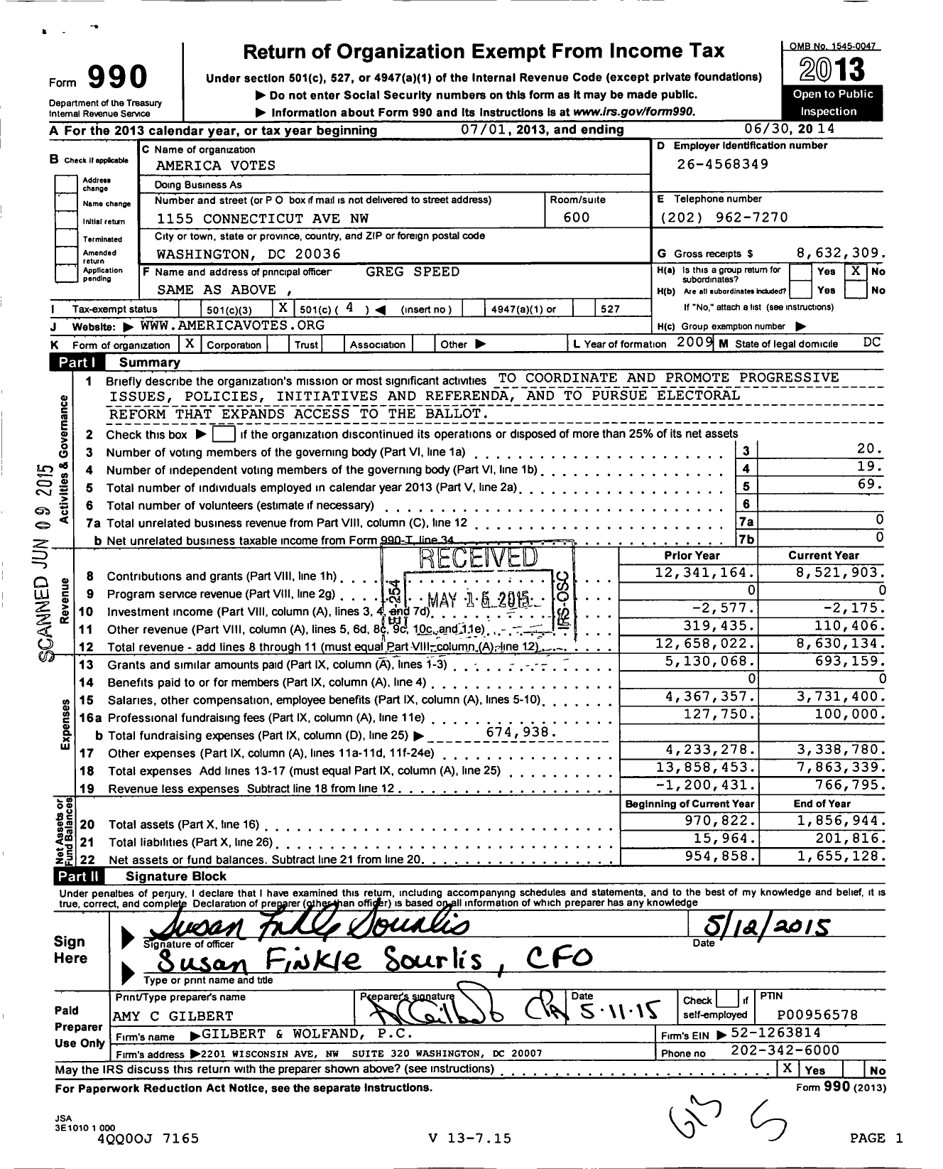 Image of first page of 2013 Form 990O for America Votes