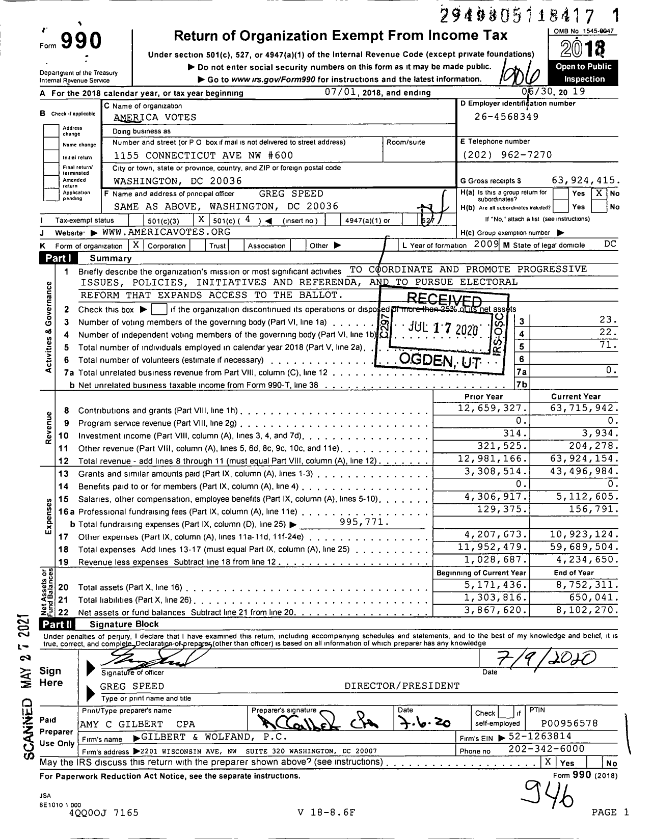 Image of first page of 2018 Form 990O for America Votes