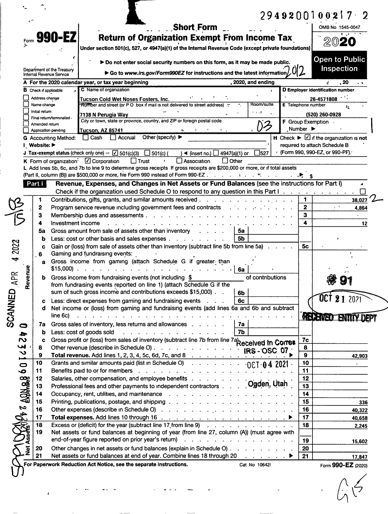 Image of first page of 2020 Form 990EZ for Tucson Cold Wet Noses Fosters