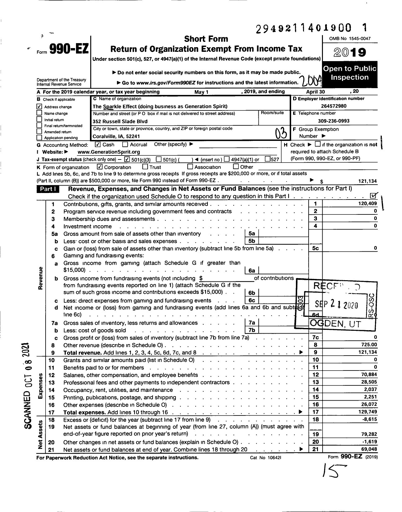 Image of first page of 2019 Form 990EZ for The Sparkle Effect