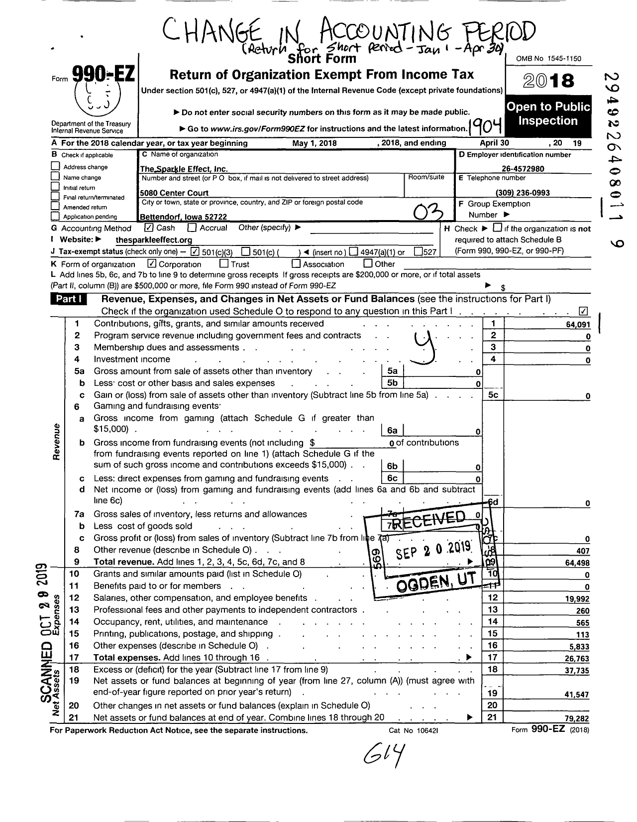 Image of first page of 2018 Form 990EZ for The Sparkle Effect