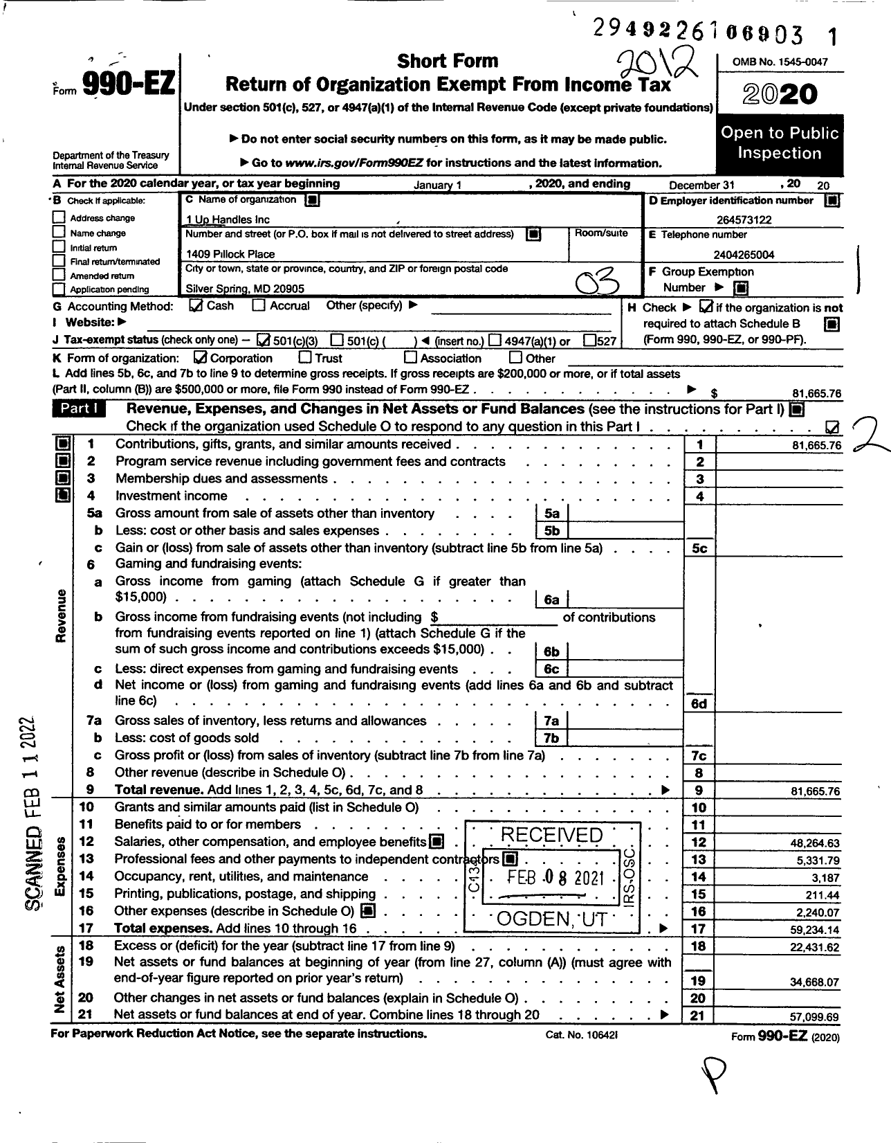 Image of first page of 2020 Form 990EZ for 1 Uphandles