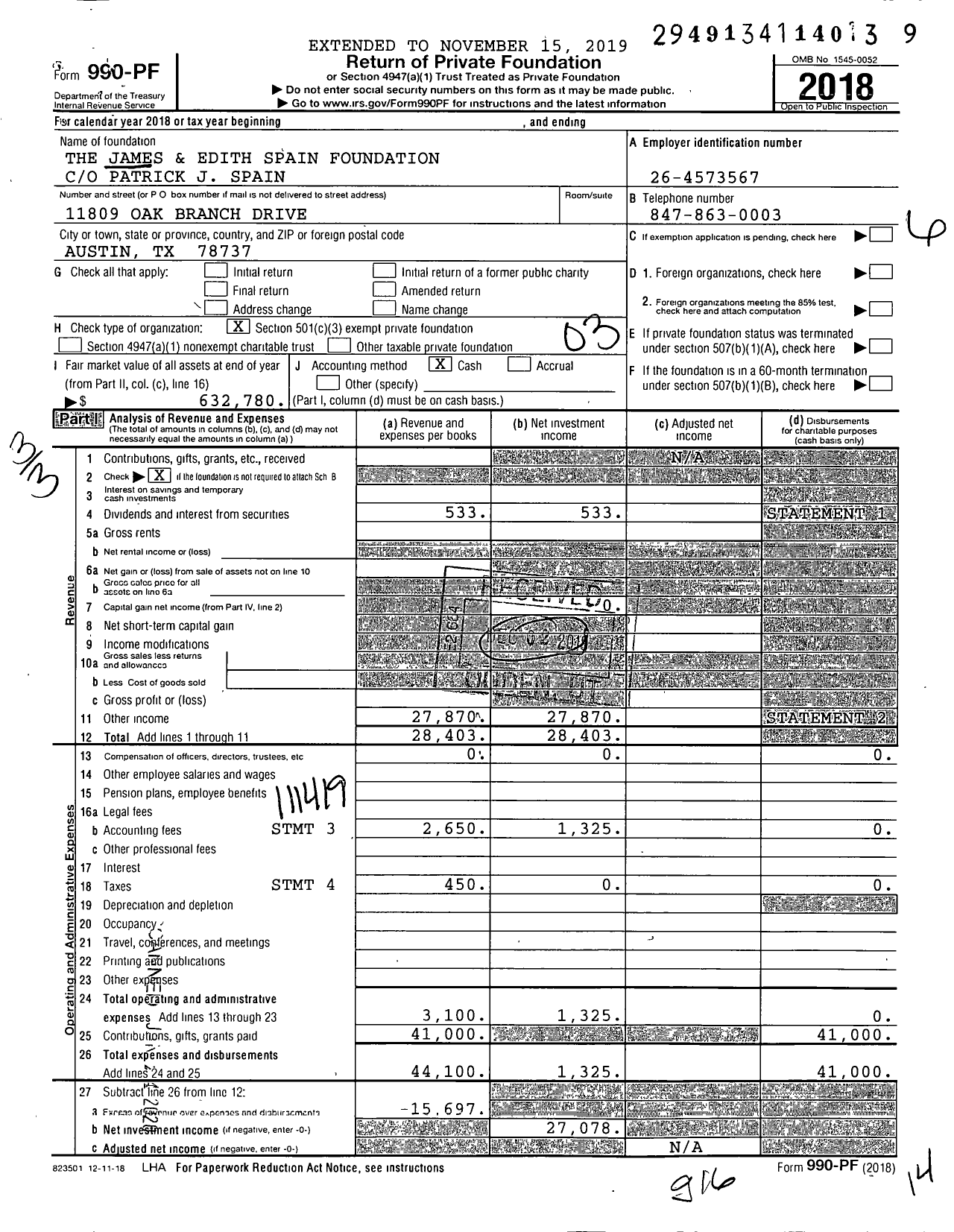 Image of first page of 2018 Form 990PF for The James and Edith Spain Foundation