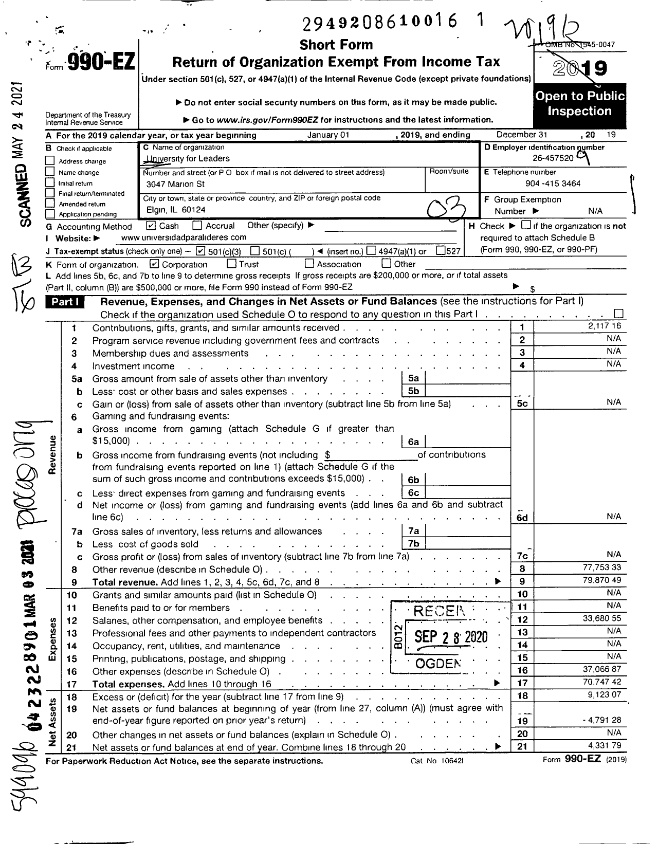 Image of first page of 2019 Form 990EZ for Alef University